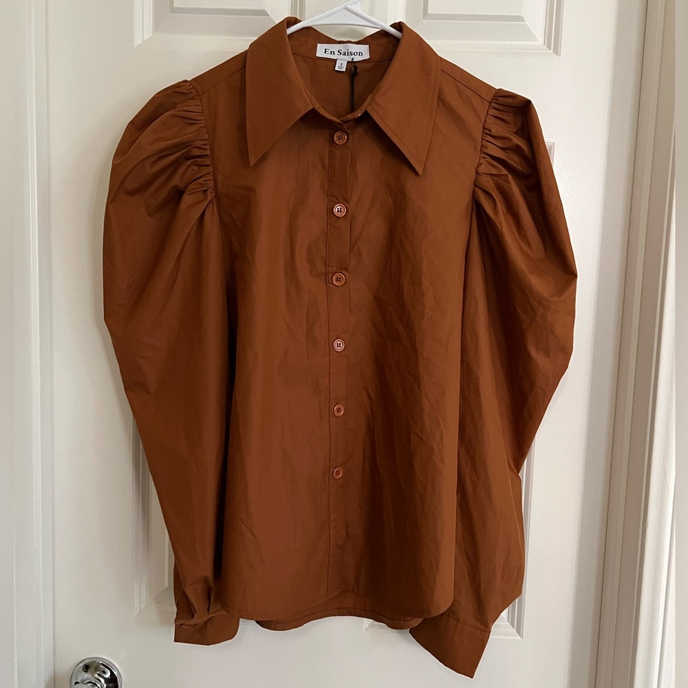 En Saison Rust Brown Puff Sleeve Button-Down Shirt